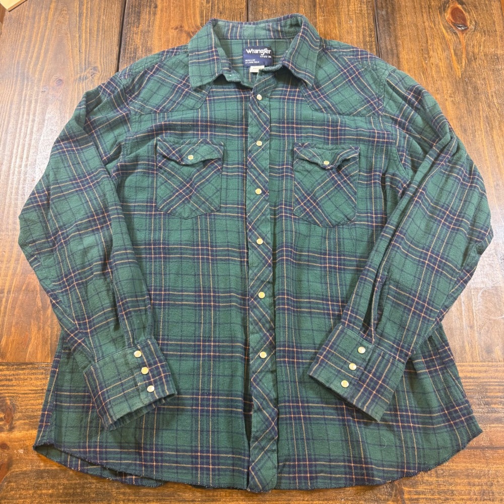 Wrangler Mens Green Plaid Western Pearl Snap Flannel Shirt 17.5-36 XLT Vintage